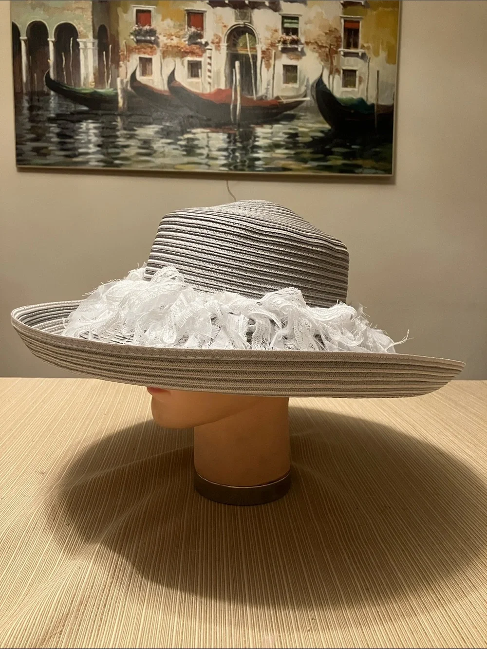 Chic Wide Brim Gray Hat with White Lace Trim
